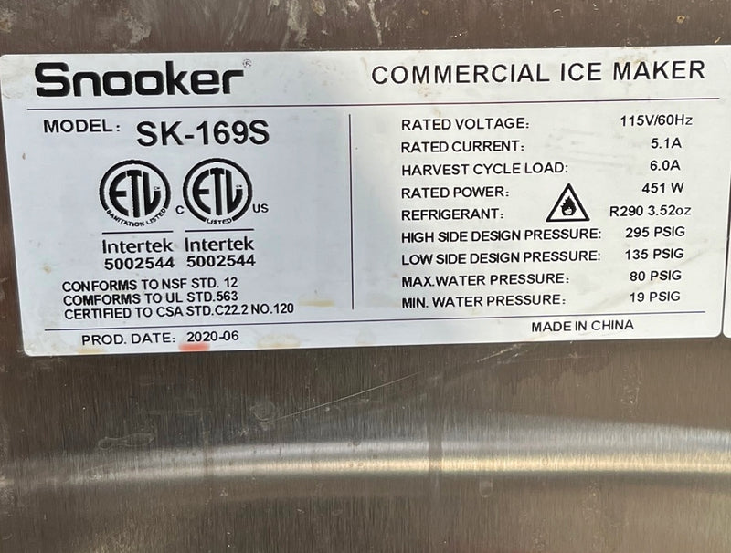 Snooker Ice Machine 160LBS/24HRS Capacity, Used FOR01658