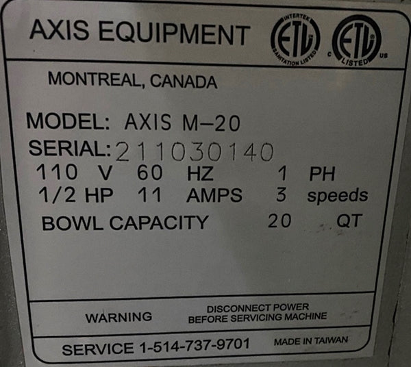 Axis Commercial Planetary Stand Mixer 20Qt., Used FOR01918
