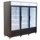 Commercial freezer with glass doors on a white background