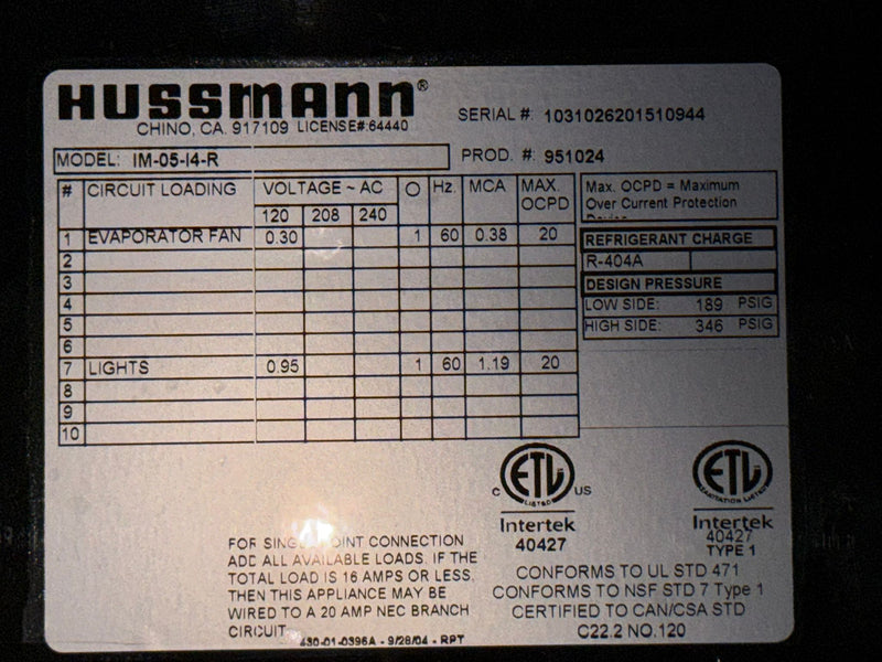 50'' Hussman Open Air Cooler Used FOR02179