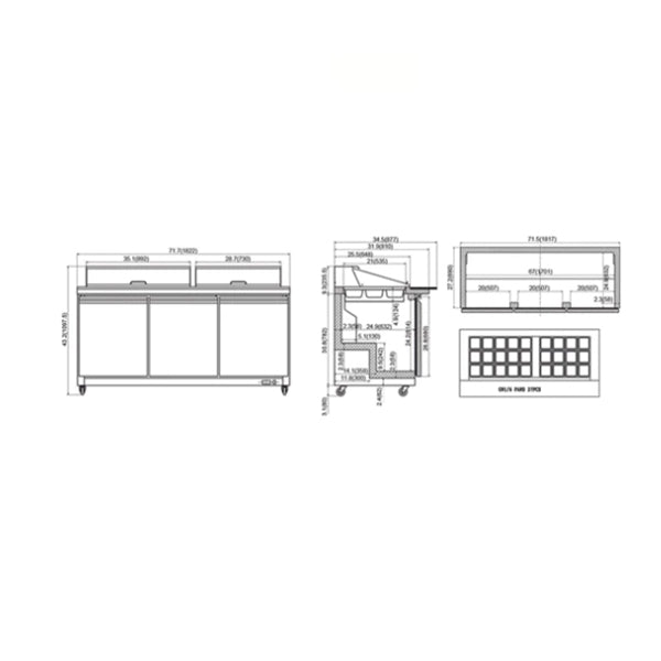 72" CHEF  Triple Door Refrigerated Mega Top Sandwich Prep Table S-72M